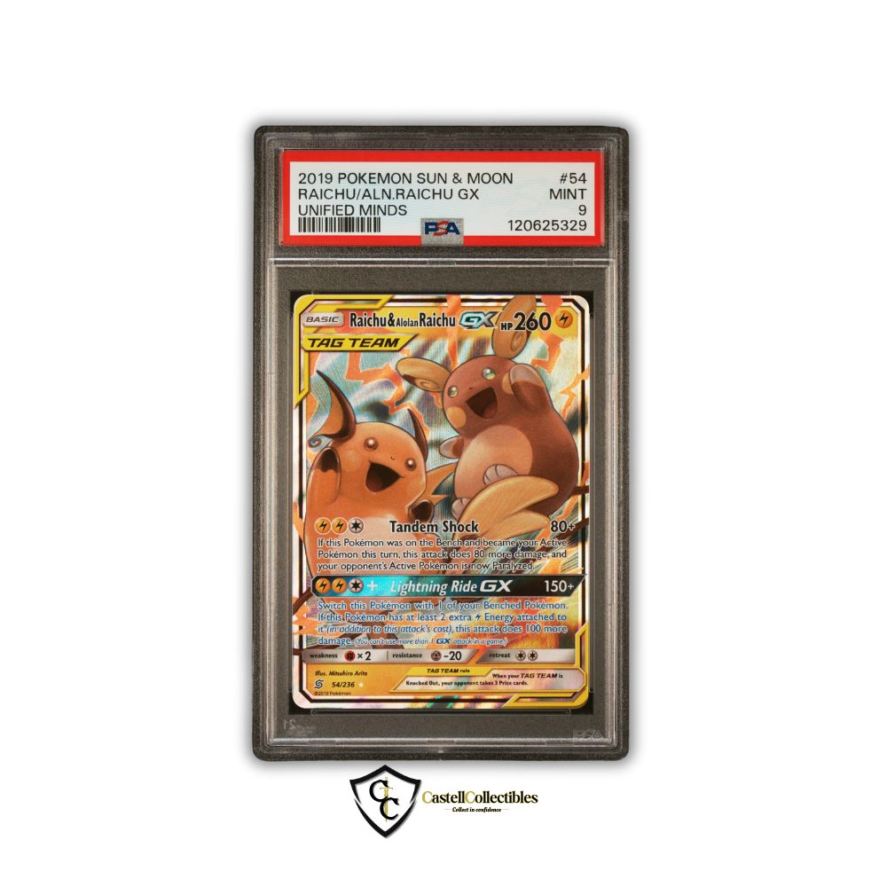 rarest pokemon card gx tag team PSA 9 Raichu & Alolan Raichu GX Tag Team Unified Minds Ultra Rare – Castellcollectibles