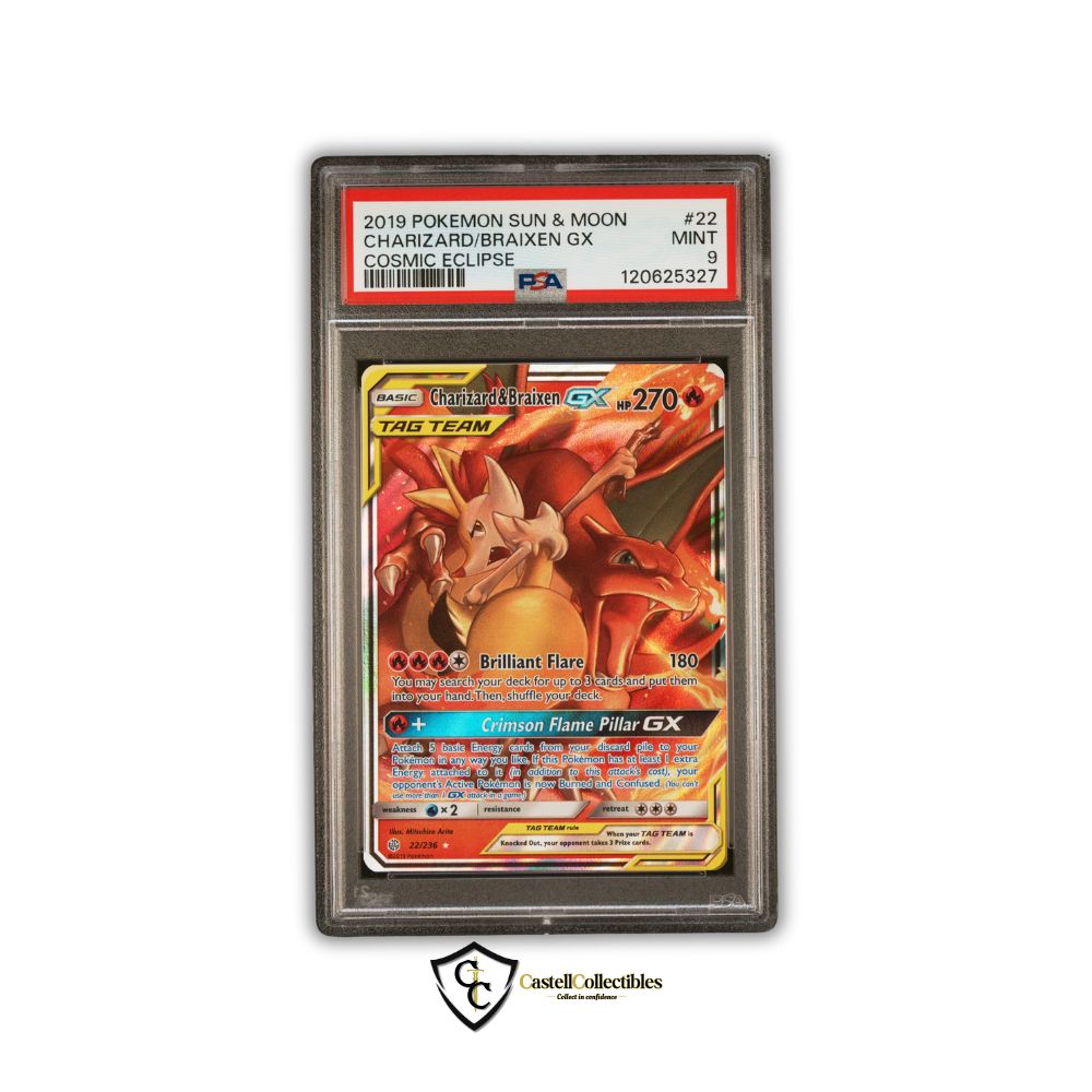 PSA 9 Charizard & Braixen GX Tag Team Cosmic Eclipse Ultra Rare